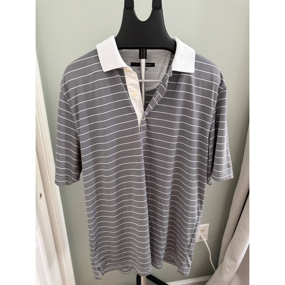 Greg Norman PlayDry Golf Polo Shirt Mens Large Gray White Striped Performance